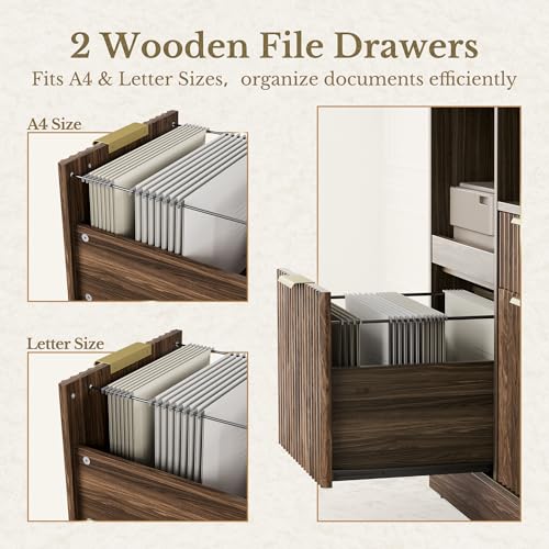 Perledesign 3 Drawer File Cabinet, Fluted Wood Lateral Filing Cabinet with Charging Station for Home Office, Fits for A4/Letter-Sized Files, Printer Stand with Open Storage Shelves, Black Walnut
