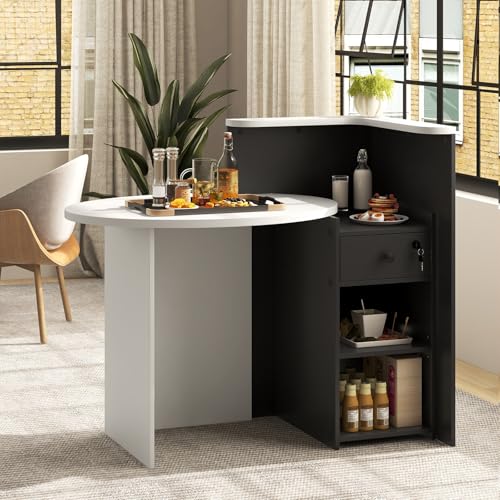 SILKYDRY Reception Desk, Small Retail Checkout Counter with Lockable Drawer and Open Shelves, Wooden Front Desk Reception Counter, Oval Desktop & L Counter for Store Office Lobby Salon (Black)