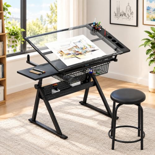 AnoYishev Adjustable Drafting Table with Stool, Tempered Glass Desktop