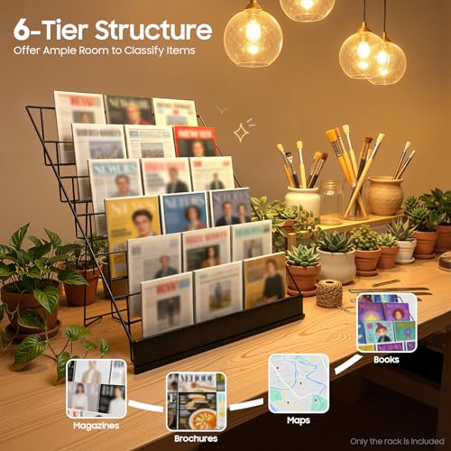 CeRaBuRET 6 Tier Wire Book Display Rack Shelf, Book Signing Rack, Tabletop CD Display Magazine Racks, Comic Greeting Card Shelf Holder Stand for Library Classroom, 18" x 11" x 17.5" (Black)