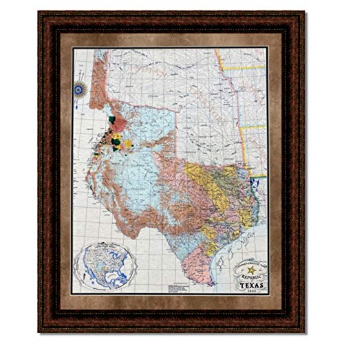 Framed 1845 Republic of Texas Map -T - 30X36"