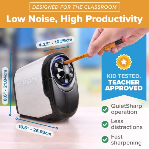 Bostitch Office QuietSharp Electric Pencil Sharpener, Sharpens Standard & Colored Pencils, Heavy Duty Classroom or Office Use, Size Selector with 6 Different Sizes, Silver/Black