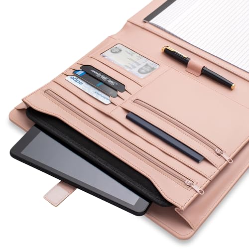 FOREVERMORE PORTFOLIOS Padfolio Binder Organizer for Women | Faux Leather Portfolio Folder for Resume, Documents, Notebook, Tablet and Business Cards | Notepad Included - Pink with Gold Edge