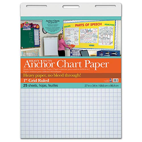 Pacon PAC3372 Heavy Duty Anchor Chart Paper, 1" Grid Ruled, 27" Width, 34" Length, 25 Sheets