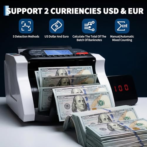 Festisoul Money Counter Machine with Bill Value Counting, Professional Currency Equipment for USD Euro, UV MG IR Counterfeit Detection, 1000 NPM, Cash Counting Tool for Business Retail Office Bank