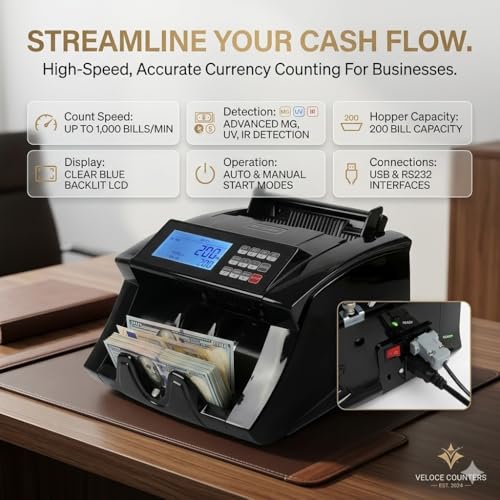 VORNIC Counterfeit Money Detector Machine - Professional Bill Counting Machine with Fake Note Detector, UV Light Ultraviolet Fake Money Detector and Cash Counting Machine for Business