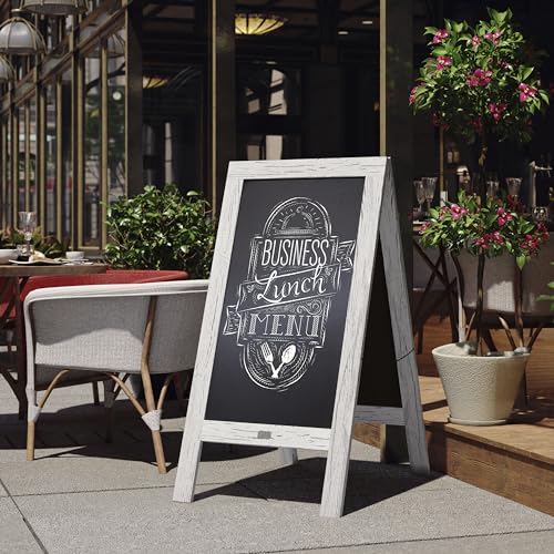 BizChair Magnetic Chalkboard Sign Set - Whitewashed Wood Frame - 48" x 24" - Indoor/Outdoor - Includes 8 Chalk Markers, 10 Stencils, 2 Magnets