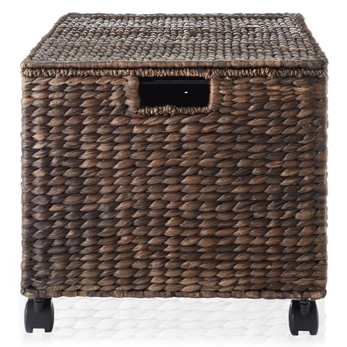 Casafield Rolling Filing Cabinet, Espresso Dark Brown - Water Hyacinth File Organizer with Lid and Wheels, Home Office Storage for Hanging Folders