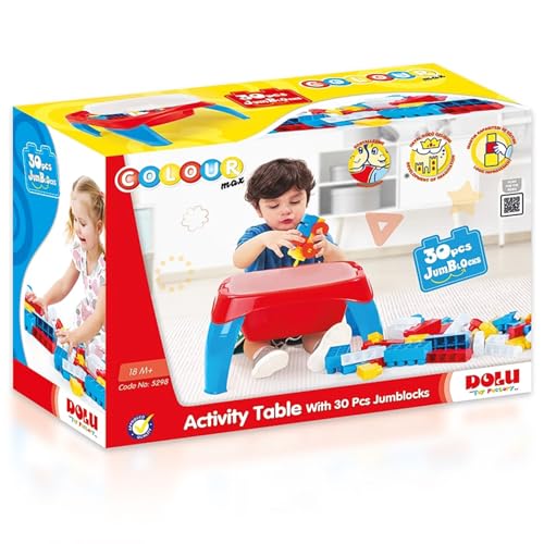 DOLU Activity Table with 30 Pcs Jumbo Building Blocks and Storage, Multi-Use Sensory Play Desk for Kids and Toddlers Age 12+ Months - Red/Blue