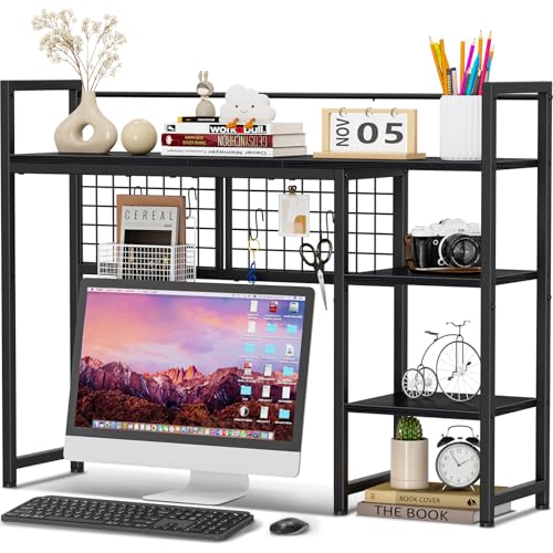 Snughome Desk Shelf, 38.6" Desktop Organizer Shelf, Desk Hutch for Computer Monitor, 4 Tier Desk Display Rack with Pegboard Hooks Set, Wood Desktop Bookshelf for Home Office Dorm, Black