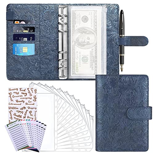 ONMYJFD A6 Budget Binder Money Saving Cash Envelope Planner with 8 Binder Zipper Pockets,12 Expense Budget Sheets and 2 Label Stickers