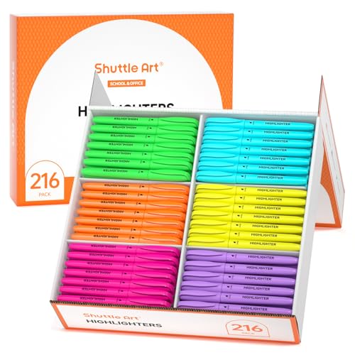 Shuttle Art 216 Pack Highlighters, Assorted Colors Marker Set, 6 Bright Colors Chisel Tip Dry-Quickly Non-Toxic Highlighter Markers Bulk for Adults Teachers Students Highlighting in Home School Office