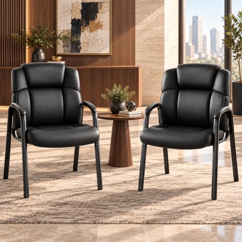 Simple Deluxe Office Guest Chair with Padded Arm Rest No Wheels, Waiting Room Reception Leather Stationary Chairs for Conference Room, Lobby, Home, Desk Table Side, Dining, 2 Pack Thickened Cushion