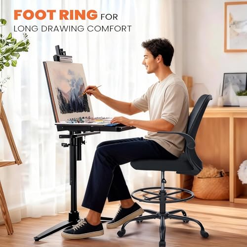KWKSV Drafting Chair for Standing Desks, 500LBS Capacity Tall Office Chair with Adjustable Height, Foot Ring, Flip-Up Armrests, Thick Curved Seat for Home Office, Drawing, and Creative Work