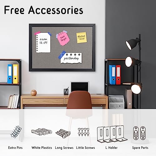 Bulletin Board 36 x 24 Inch, 100% Wood Framed Canvas Cork Board with Grey Fabric, Wall Mounted Notice Board for Home Office School
