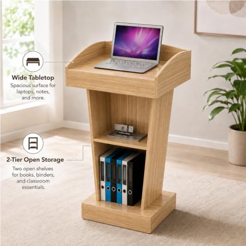 BGEDL Wooden Podium Stand, Floor Standing Speaking Poidum Lectern Stand, Church Pulpit with Storage, Portable Podium Stand Walnut Color, Wooden Pulpit for Churches, Office, Classroom and Schools
