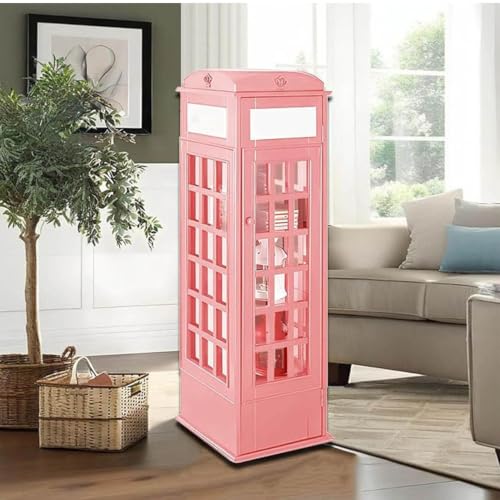 LJLYYDS Wooden Telephone Standing Bookshelf Vintage,5-Tier Wood London Telephones Booth Storage Shelf Cube,Floor Standing Telephone Booth Bookshelf with Acrylic Door for bookstores Pink