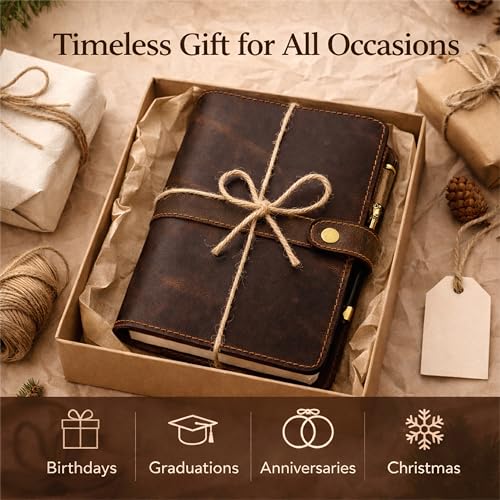 TheAntiq Genuine Leather A5 Journal Cover with Snap Closure – Handmade Refillable Notebook with Card Slots, Pen Holder, Travel Writing Diary for Office & Gift Use 5.75 x 8.25 (Brown)