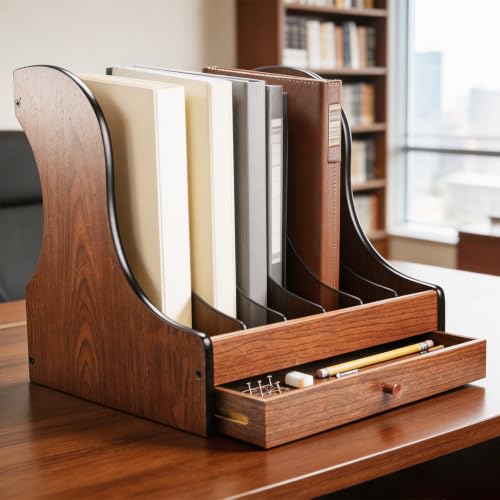 Wooden Desk File Organizer with 5 Vertical Rack & Drawer for Office & Home