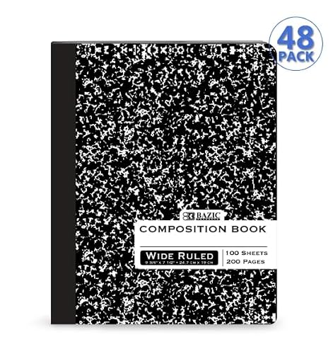 OMURA 48 Pack, Black Marble Composition Book Wide Ruled 100 Sheet