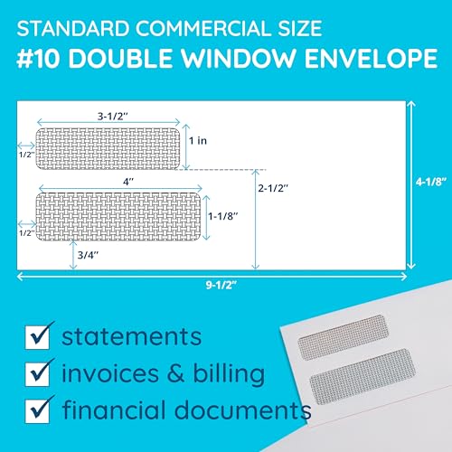 Blue Summit Supplies 500#10 Double Window Security Envelopes, Gummed