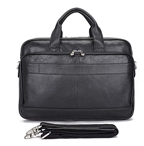 XIADENGLAN Crazy Horse Leather 15.6" Laptop Briefcase Business Office Shoulder Handbags Retro Cross-Body Messenger Tote Bag(Black)