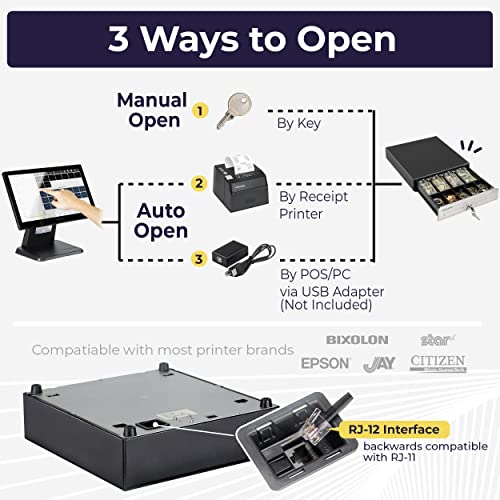 Volcora 13" Cash Register Drawer for Point of Sale (POS) System, 4 Bill 5 Coin Cash Tray, Black and Stainless Steel Front Cash Drawers, Removable Coin Compartment, 12-24V, RJ11/RJ12 Key-Lock