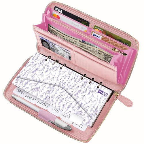 Three Way Cut Cash Envelope Wallet Pink All in One Budget System RFID Blocking with 12x Tabbed Envelopes 12x Monthly Budget Cards 1x Yearly Budget Planner Sheet Complete Money Organizer Set