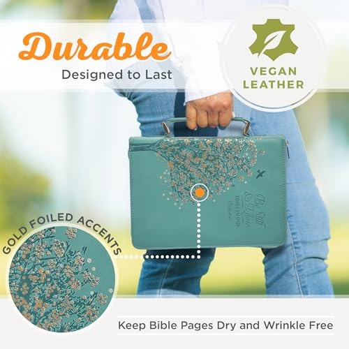 Christian Art Gifts Faux Leather Bible Cover: Be Still & Know Teal Floral