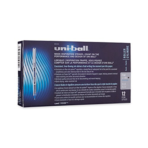 4 X Uni-Ball Vision Stick Rollerball Pens, Fine Point, Blue Ink, Pack of 12 (60134)