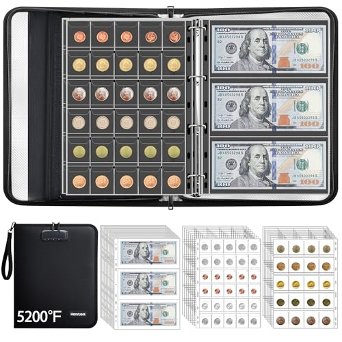 400-Pocket Fireproof Coin Book with Lock & 36 Paper Currency Binder Sleeves