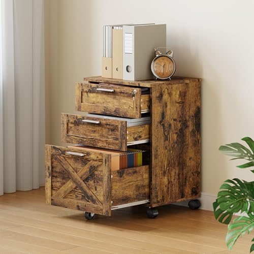 FinerFurnis Secure 3-Drawer Wooden File Cabinet with Lock – Mobile Under Desk Filing Cabinet on Wheels, Durable Storage Organizer, Fits Letter/Legal/A4, Rolling Printer Stand – Rustic Brown