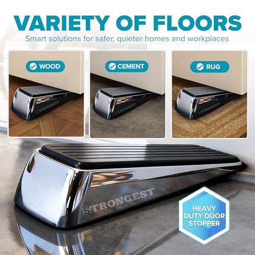 Strongest Home Heavy Duty Door Stopper Wedge (10 Chrome PCs) | Non-Slip Rubber and Metal Door Stop for Heavy Doors| Work on Wood, Tile, Carpet + 10 White Wall Protectors
