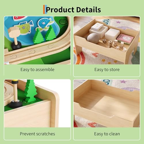 IDEALHOUSE 78-Piece Wooden Train Table Set for Kids – Reversible Top