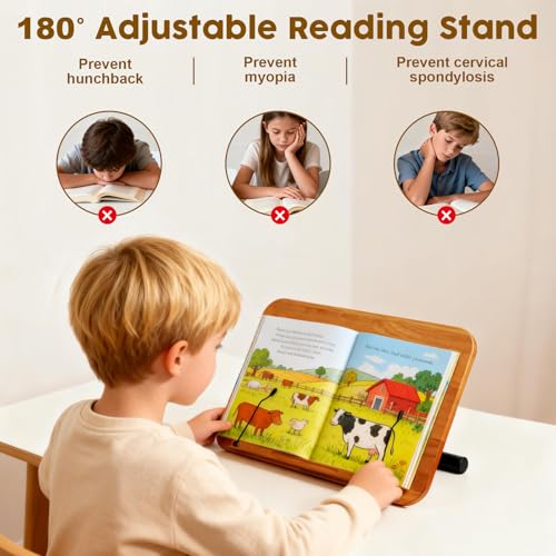 2 in 1 Dual-use Music Stand & Desktop Book Stand, Adjustable Height 16.5"-51", 100% Solid Wood Laptop Floor Stand Book Holder with Elastic Page Clips for Cookbooks (Brown with Tray)
