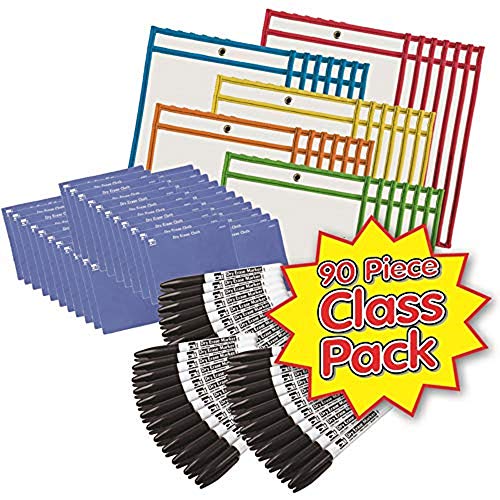 Charles Leonard, Dry Erase Pocket Class Pack, 30 Sets of: Pockets, Cloths and Markers, Pocket Style, Bullet Tip, Black (29190)