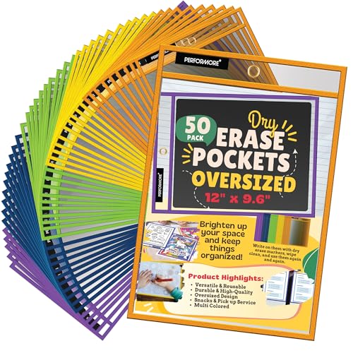 Performore Oversized Dry Erase Sleeves 50 Pack – 14" x 10.25" Reusable Write & Wipe Pockets with Eyelet, Clear Plastic Sleeves for Classroom, Worksheets, Office Use