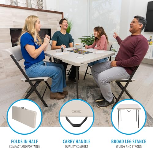 LIFETIME Folding Table and Chair Set, 37-Inch Square Fold-in-Half Table with 4 Chairs, Almond, Steel Frame