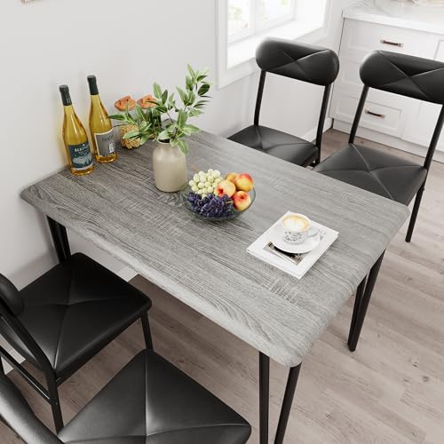 TrailBlaze Space-Saving 4-Piece Office Desk and Chair Set – Industrial Style, Sturdy Metal Frame, Wooden Tabletop, PU Leather Seats – Ideal for Small Workspaces, Dining Rooms, Apartments – Brown/Grey
