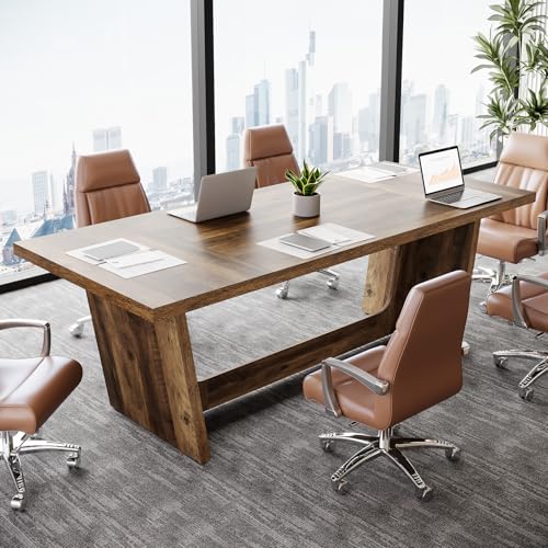 Tribesigns 6 FT Conference Room Table, 71”Large Executive Seminar Desk for 6–8 People, Rectangular Meeting for Office, Heavy-Duty Business Boardroom with Wooden Pedestal Base, Dark Brown
