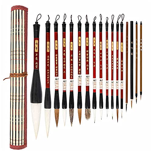 Semli Painting Writing Brush Watercolor Chinese Calligraphy Brush Set Kanji Japanese Sumi Painting Drawing Brushes+Roll-up Bamboo Brush Holder (17PCS)