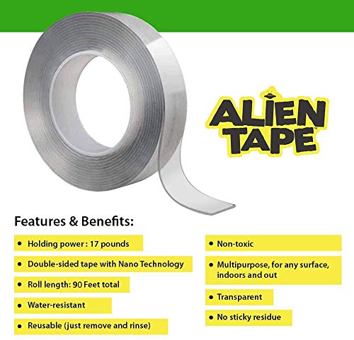 Bell+Howell ALIENTAPE Nano Double Sided Tape, Multipurpose Removable Adhesive Transparent Grip Mounting Tape Washable Strong Sticky Heavy Duty for Carpet Photo Frame Poster Decor 80 Feet