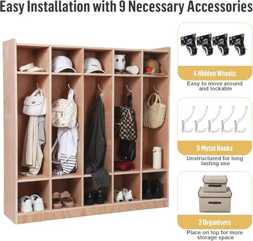 Attracoast 5-Section Kids Coat Locker with 10 Cubbies & 4 Hidden Wheels | 5 Double Hooks + 2 Storage Boxes | Wood Storage Cabinet for Classroom, Daycare, Home, Kindergarten & School