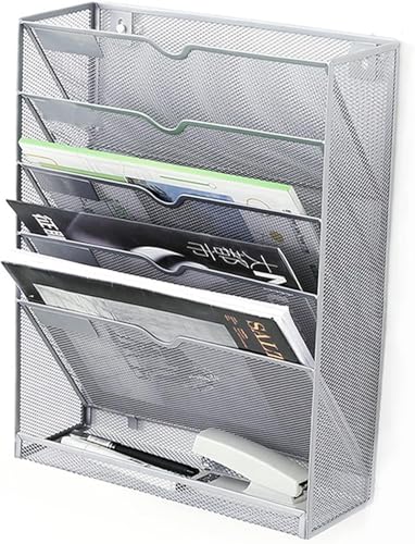 DOIBG 5 Tier Vertical Wall File Organizer Metal Mesh Wall Mount Hanging File Holder with Hanging Hole Paper Document Magazine Rack for Office Home School, Silver