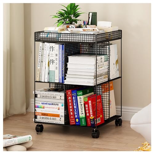 Atkits Four Sided Design Metal Rolling Cart Mobile Book Shelf Cart Moveable Bookshelf on Wheels,Magazine Rack Book Carts,Bookcases for Kids Children Students Study,Black