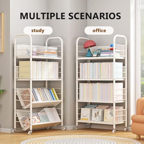Buhelyc Library Cart Rolling Book Cart Book Storage Office Paper Storage Organizer Movable Book Rack with 4 Wheels for Office,Kitchen,Living Room,Bedroom(Size:2 Layers)