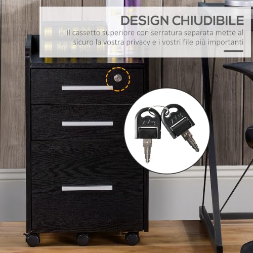 HOMCOM Office File Cabinet with 3 Drawers, 5 Wheels 39 x 40 x 65.5 cm Black