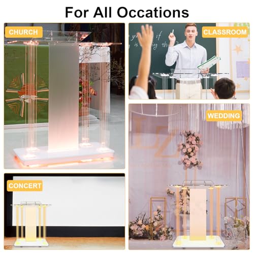 Vakiorn Church Pulpit with Led Lights, 46” Acrylic Pulpits for Churches, Transparent Podium Stand with Wheels& Spacious Reading Platform, Clear Lectern for Speech (39.4”L*15.7”W *44”H)