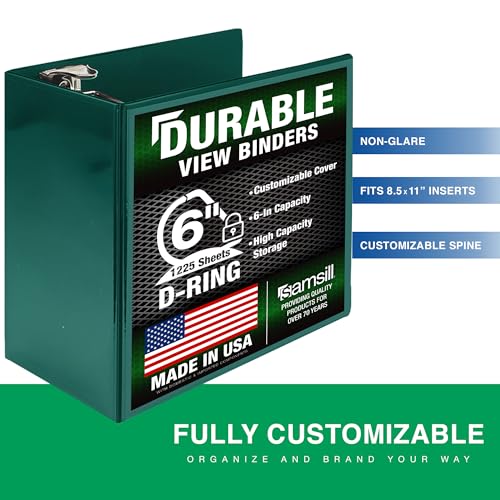Samsill Durable 6 Inch 3 Ring Binder, Locking D Ring Binder, Customizable Clear View Cover, Forest Green, Holds 1225 Pages