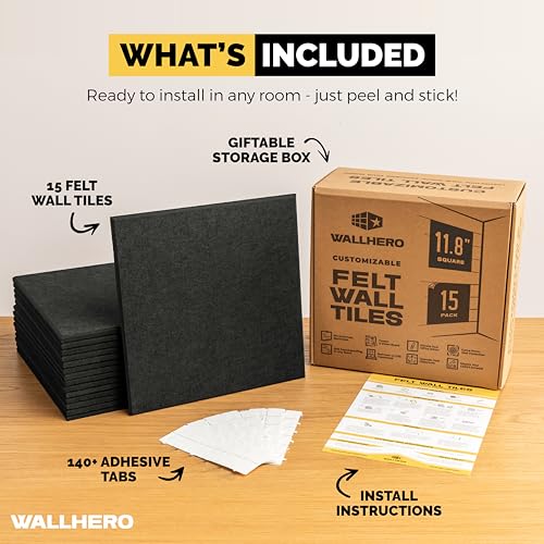 WALLHERO Vision Board - Large Cork Board for Walls 59" x 36", Black Bulletin Board | 15 Pack Felt Wall Tiles | Cork Boards for Office Pin Board Tack Board Cork Boards